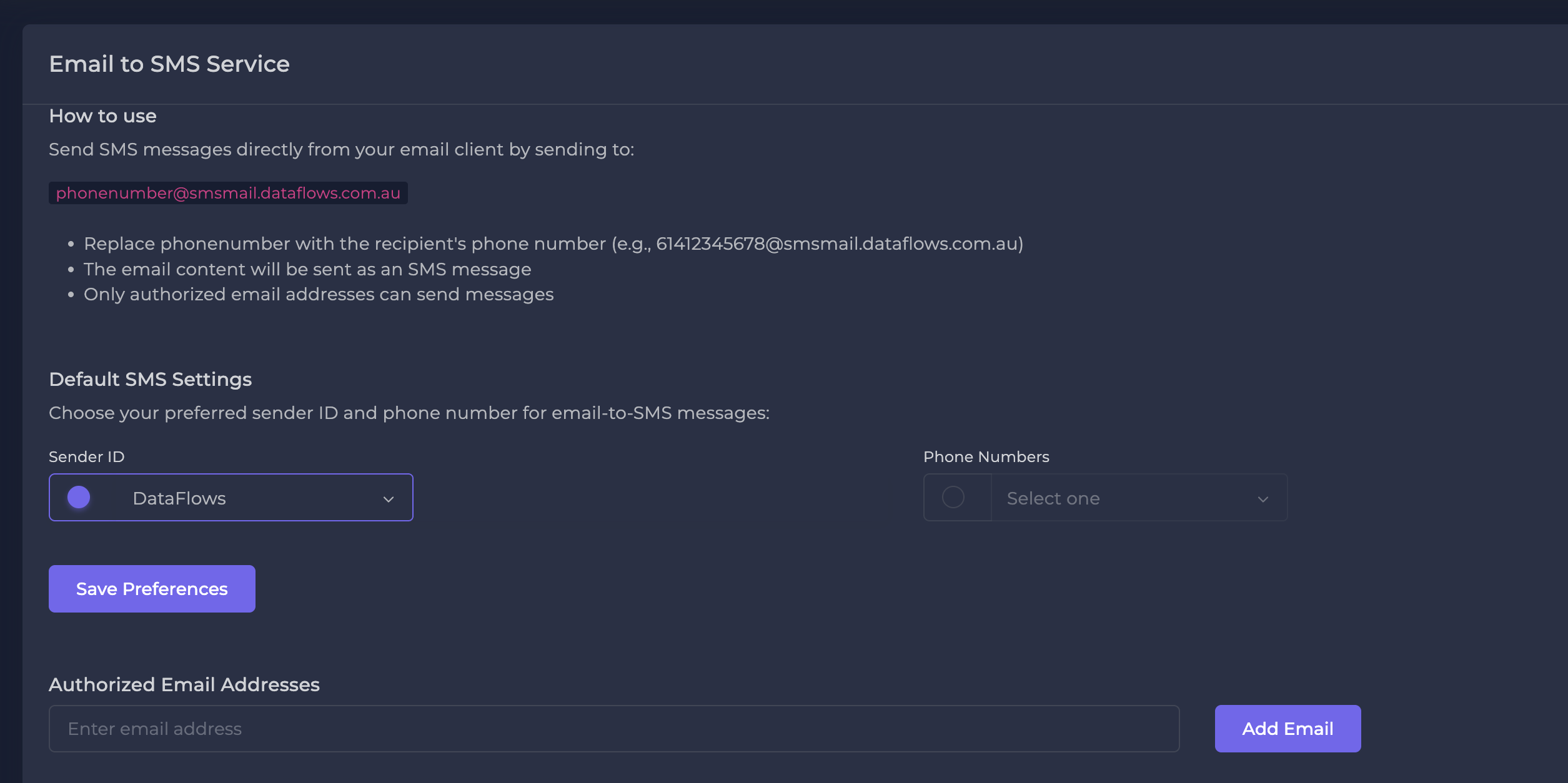 Email to SMS setup interface showing sender ID configuration and authorized email addresses